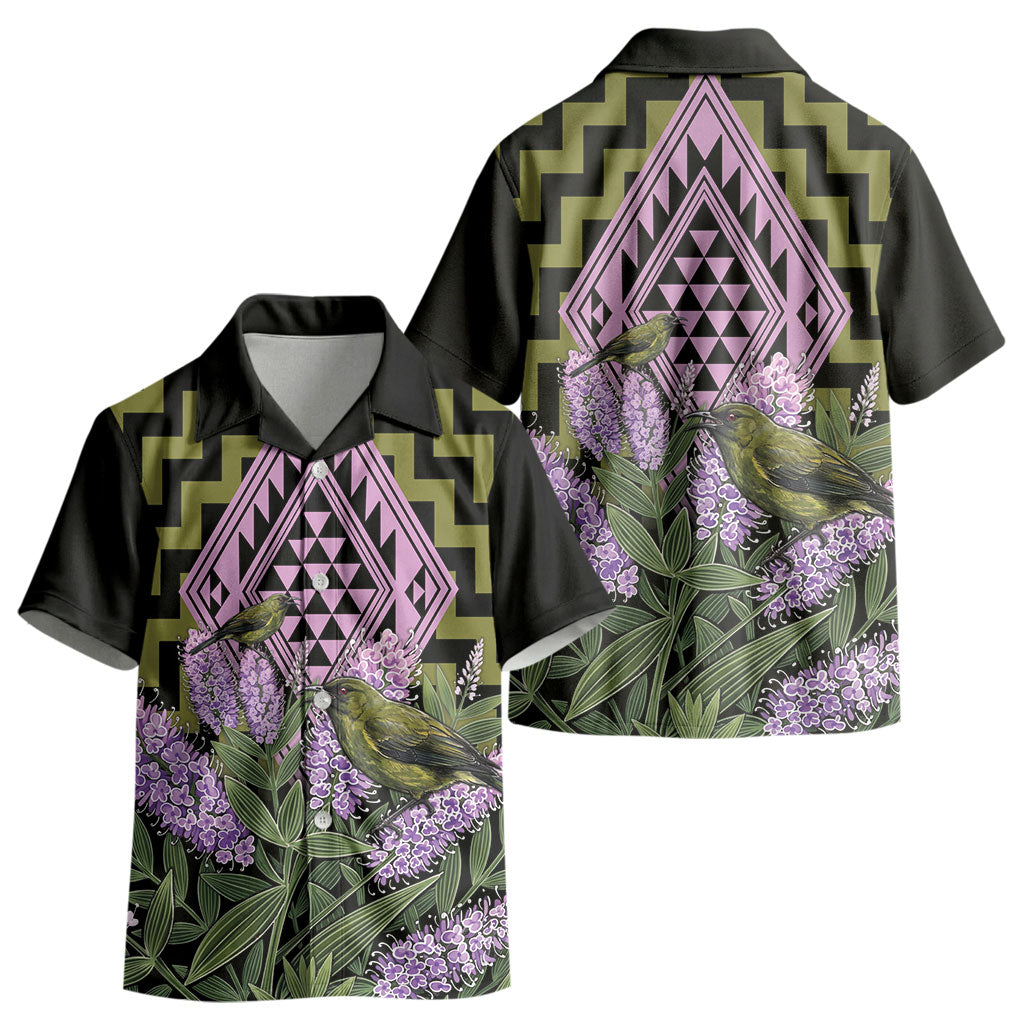 Rongoa Maori New Zealand Koromiko Kid Hawaiian Shirt NZ Hebe Korimako Bellbird Poutama