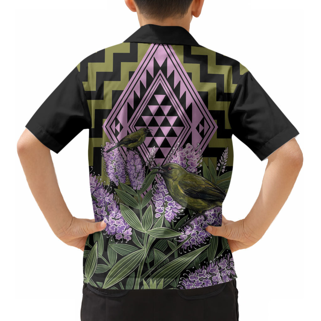 Rongoa Maori New Zealand Koromiko Kid Hawaiian Shirt NZ Hebe Korimako Bellbird Poutama