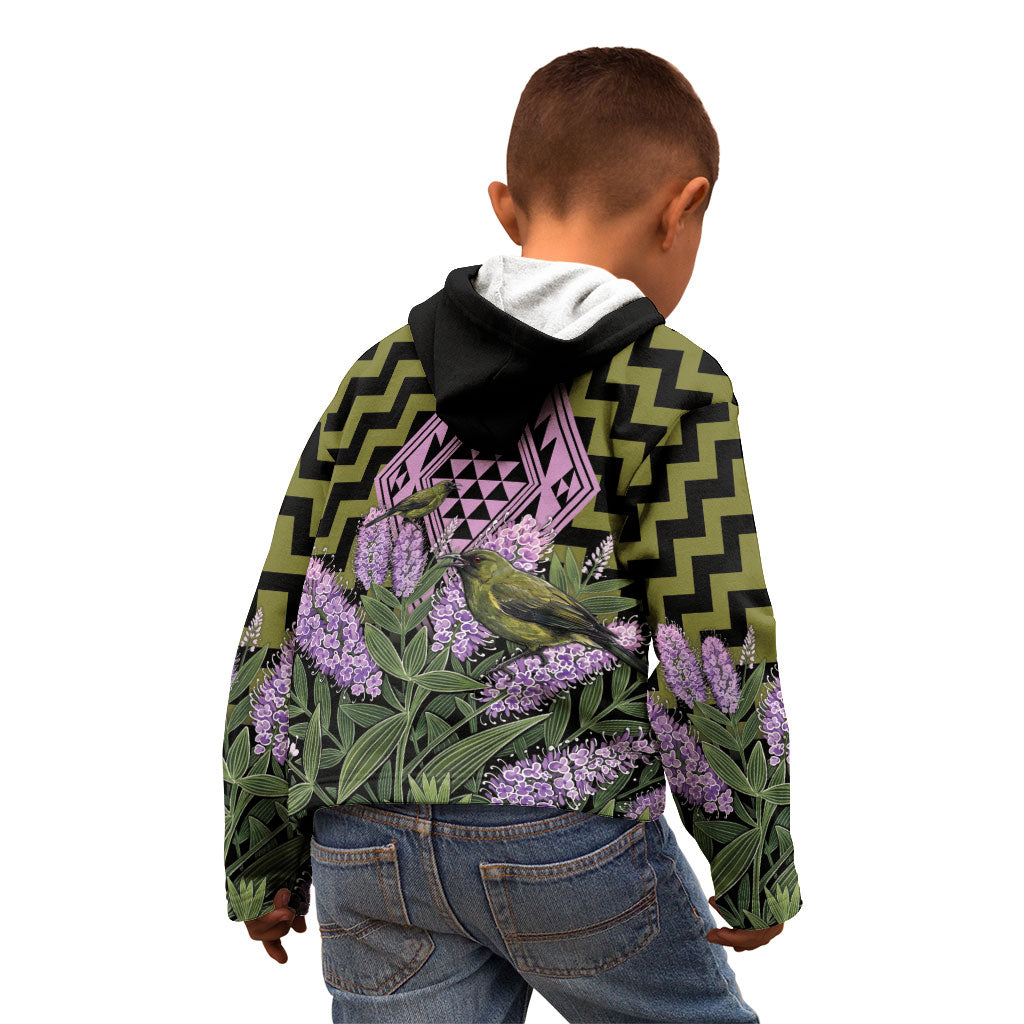 Rongoa Maori New Zealand Koromiko Kid Hoodie NZ Hebe Korimako Bellbird Poutama