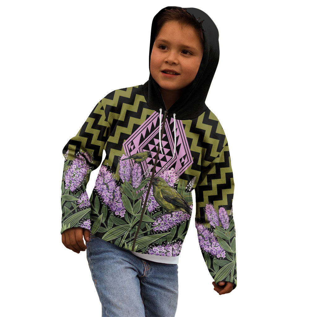 Rongoa Maori New Zealand Koromiko Kid Hoodie NZ Hebe Korimako Bellbird Poutama