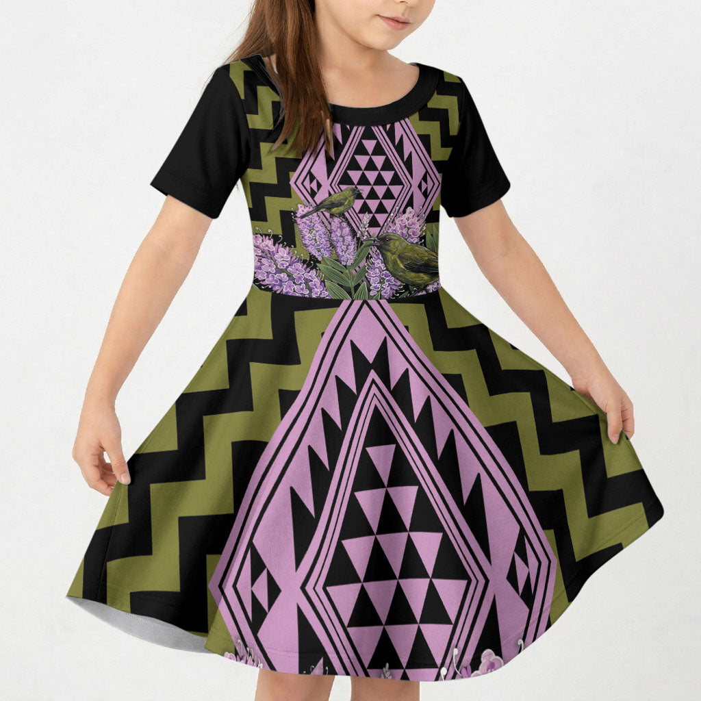 Rongoa Maori New Zealand Koromiko Kid Short Sleeve Dress NZ Hebe Korimako Bellbird Poutama
