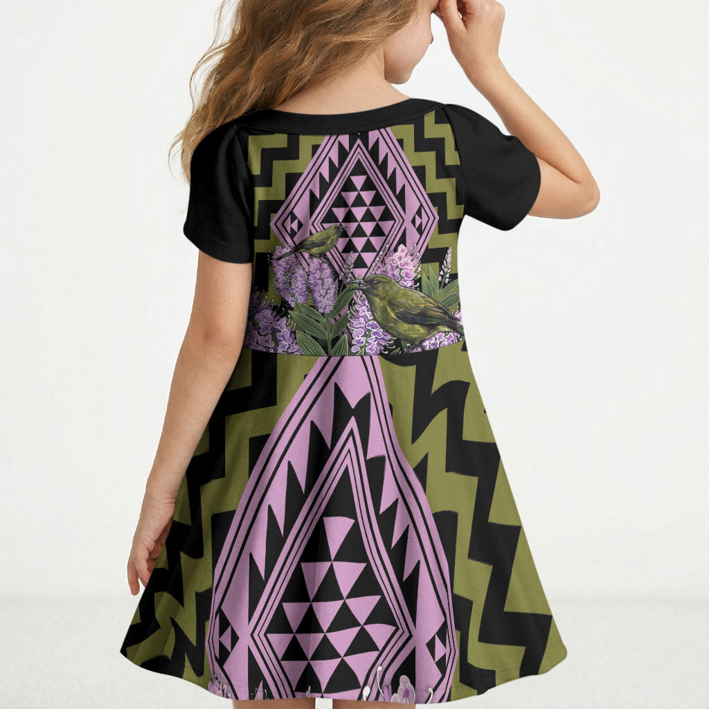 Rongoa Maori New Zealand Koromiko Kid Short Sleeve Dress NZ Hebe Korimako Bellbird Poutama