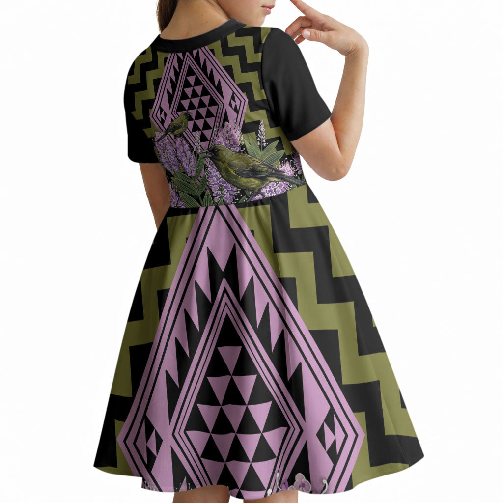 Rongoa Maori New Zealand Koromiko Kid Short Sleeve Dress NZ Hebe Korimako Bellbird Poutama
