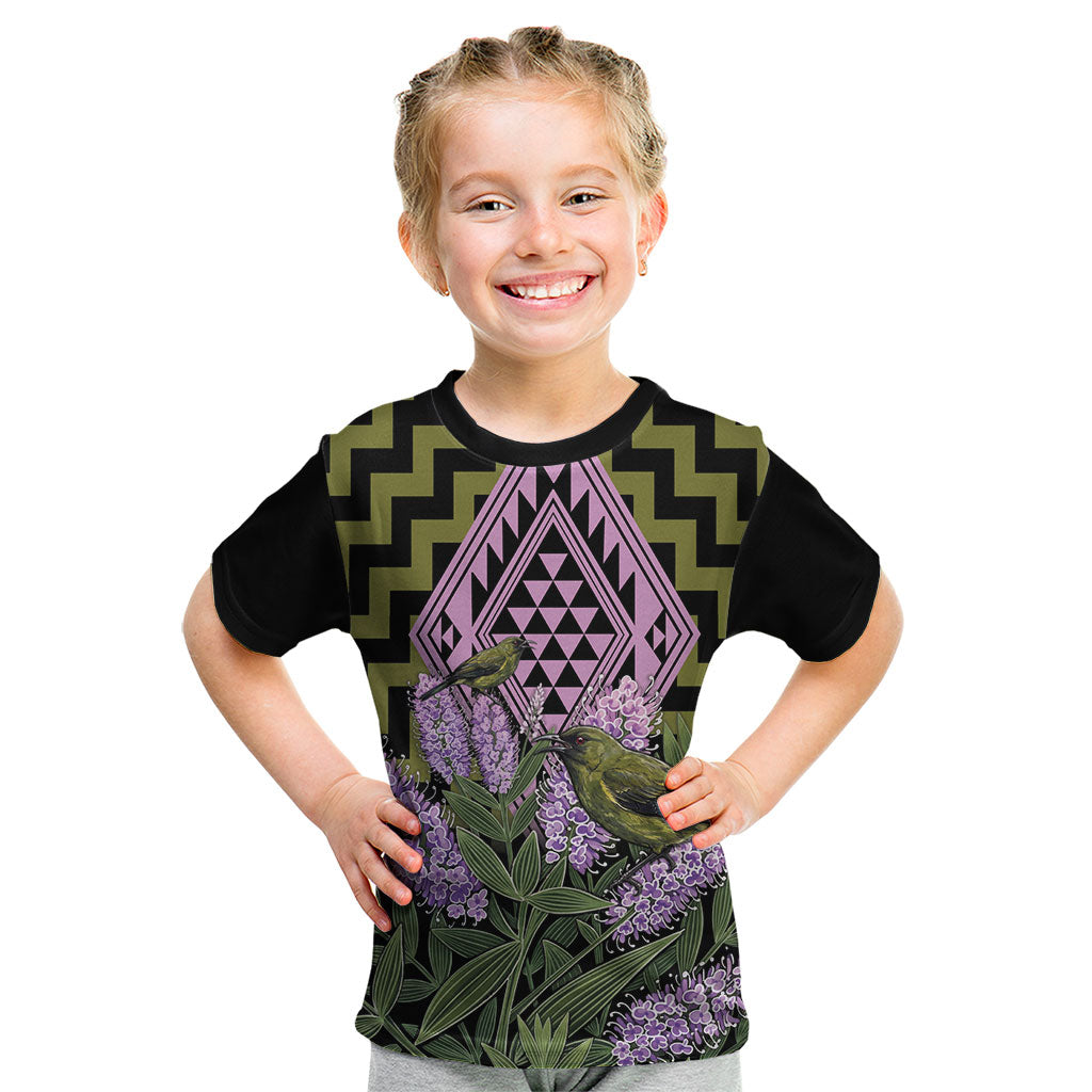 Rongoa Maori New Zealand Koromiko Kid T Shirt NZ Hebe Korimako Bellbird Poutama