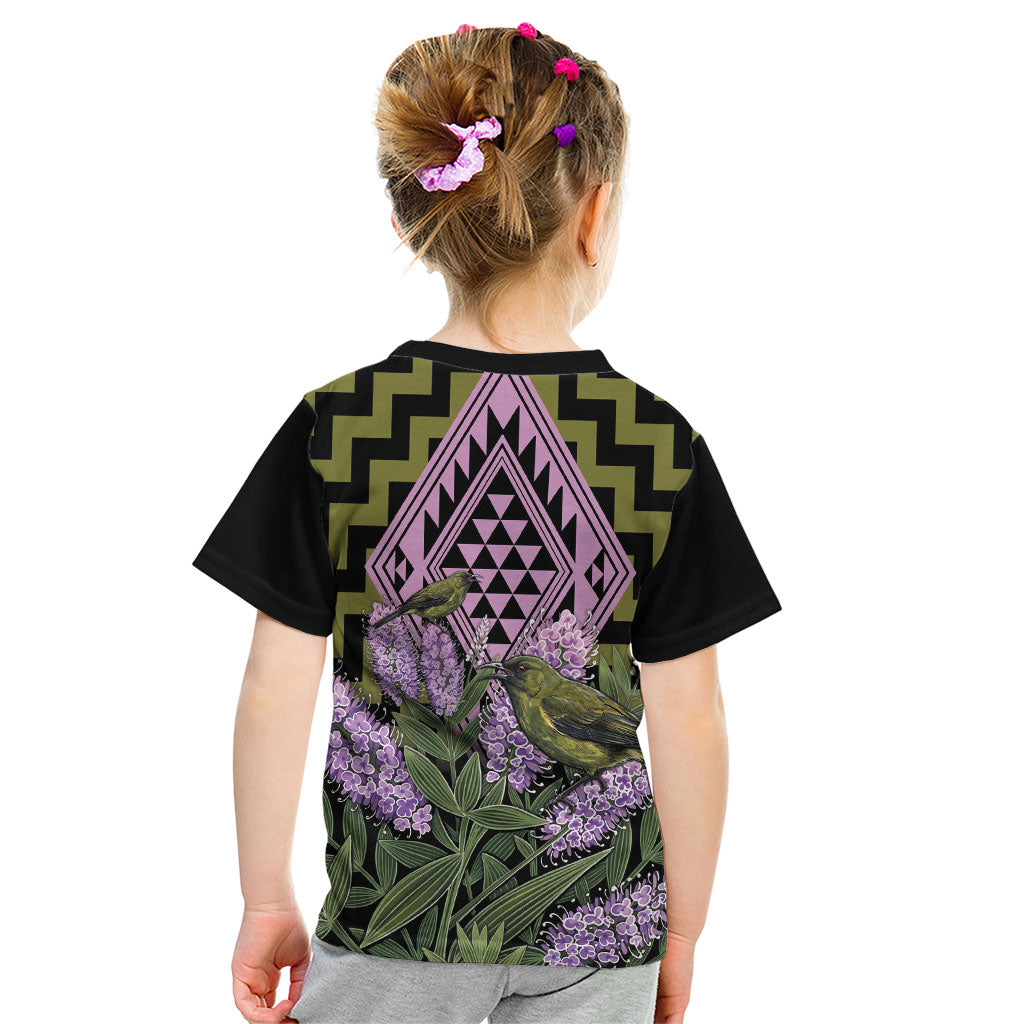Rongoa Maori New Zealand Koromiko Kid T Shirt NZ Hebe Korimako Bellbird Poutama
