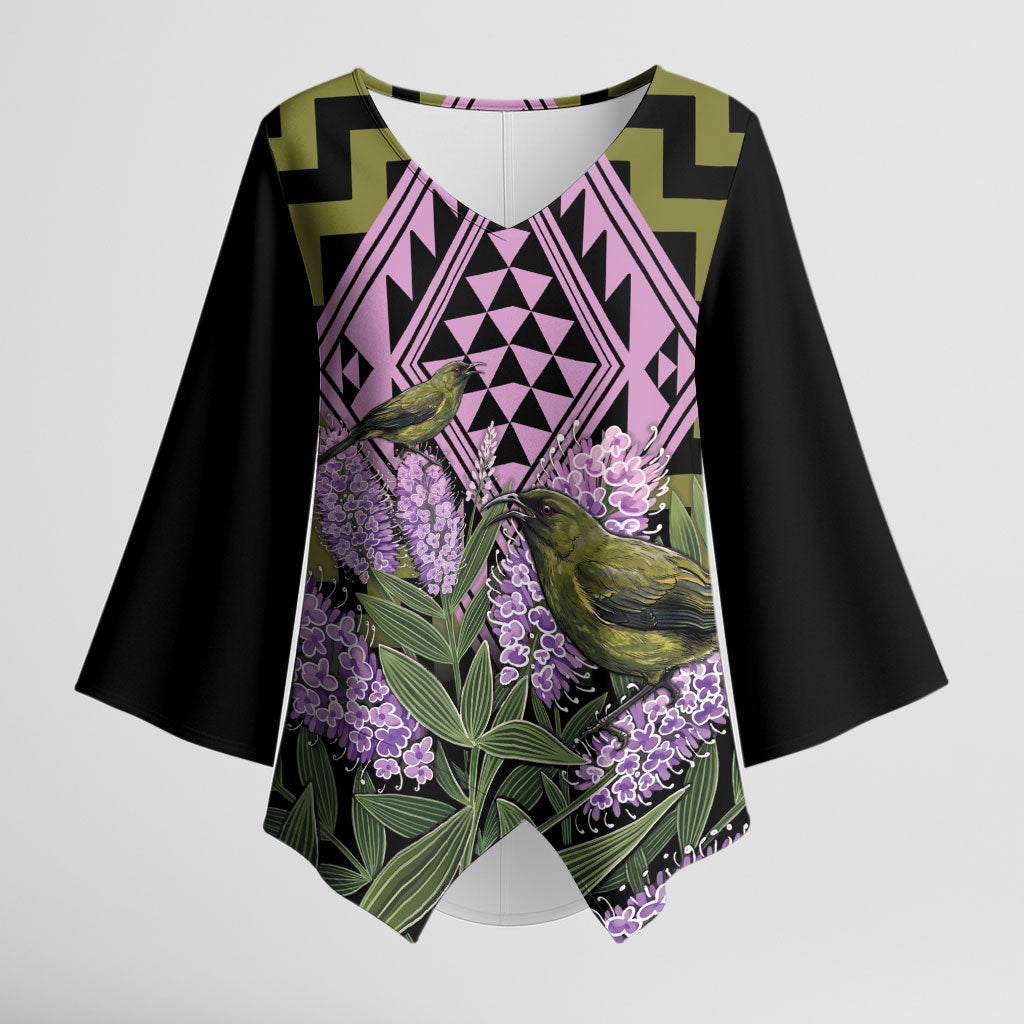 Rongoa Maori New Zealand Koromiko Kimono Sleeve Blouse NZ Hebe Korimako Bellbird Poutama