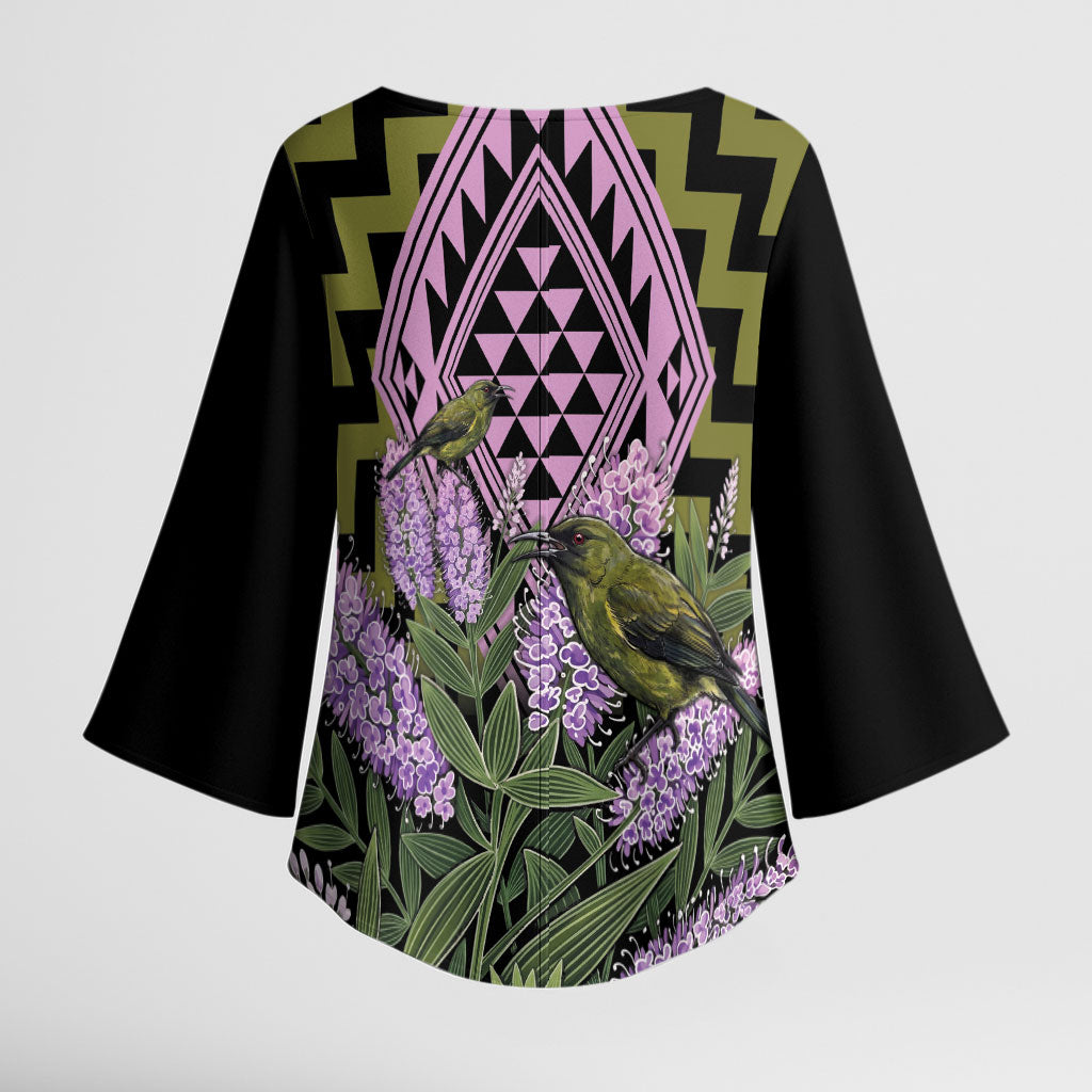 Rongoa Maori New Zealand Koromiko Kimono Sleeve Blouse NZ Hebe Korimako Bellbird Poutama