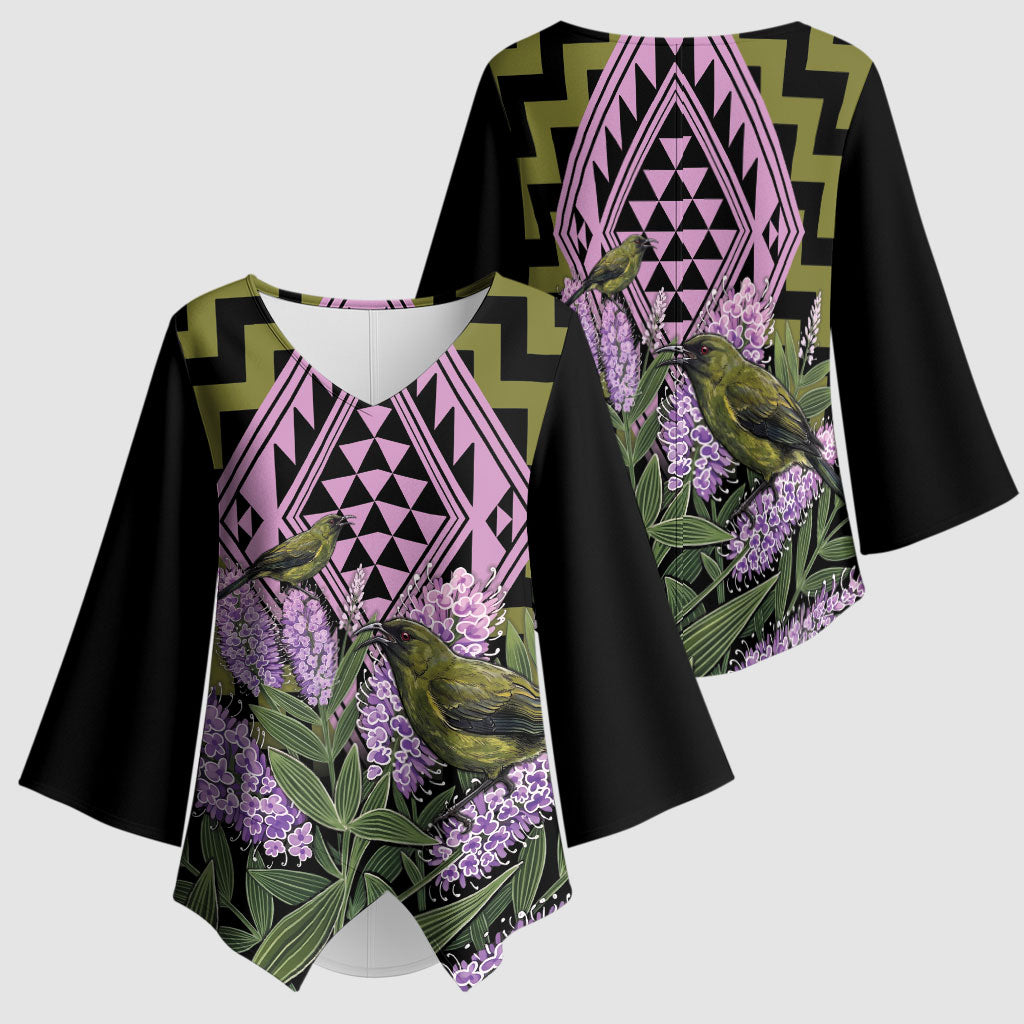 Rongoa Maori New Zealand Koromiko Kimono Sleeve Blouse NZ Hebe Korimako Bellbird Poutama