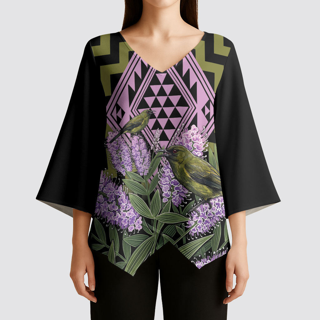Rongoa Maori New Zealand Koromiko Kimono Sleeve Blouse NZ Hebe Korimako Bellbird Poutama