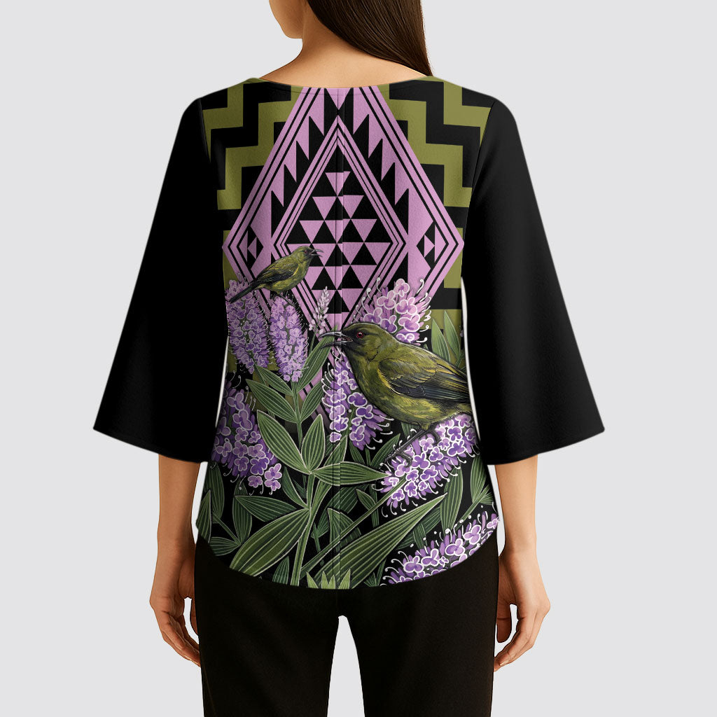 Rongoa Maori New Zealand Koromiko Kimono Sleeve Blouse NZ Hebe Korimako Bellbird Poutama