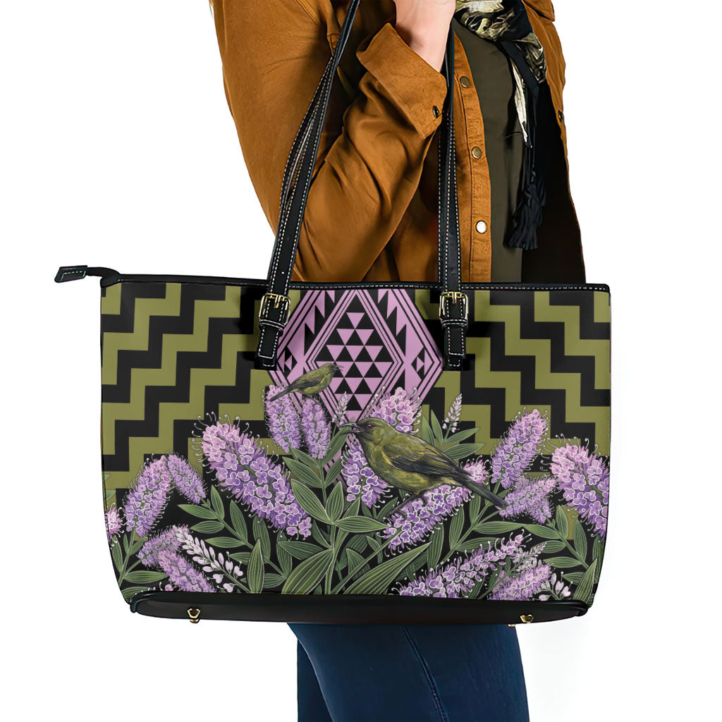 Rongoa Maori New Zealand Koromiko Leather Tote Bag NZ Hebe Korimako Bellbird Poutama