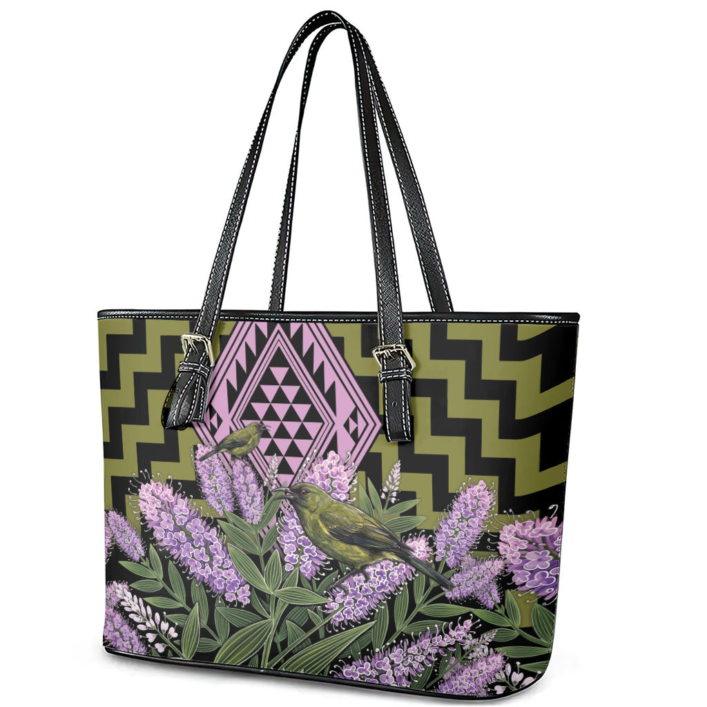 Rongoa Maori New Zealand Koromiko Leather Tote Bag NZ Hebe Korimako Bellbird Poutama
