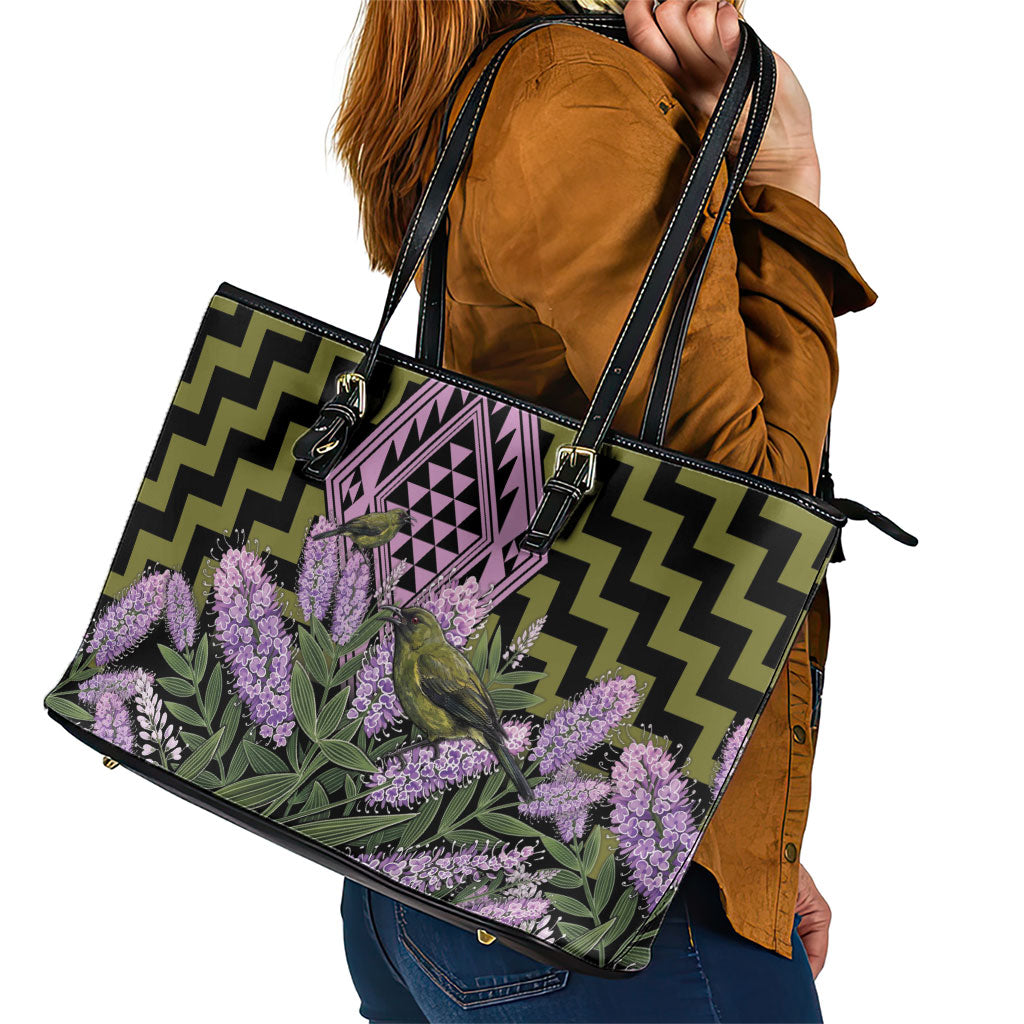 Rongoa Maori New Zealand Koromiko Leather Tote Bag NZ Hebe Korimako Bellbird Poutama