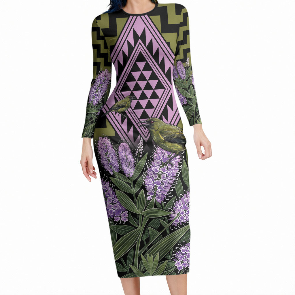 Rongoa Maori New Zealand Koromiko Long Sleeve Bodycon Dress NZ Hebe Korimako Bellbird Poutama