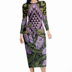 Rongoa Maori New Zealand Koromiko Long Sleeve Bodycon Dress NZ Hebe Korimako Bellbird Poutama