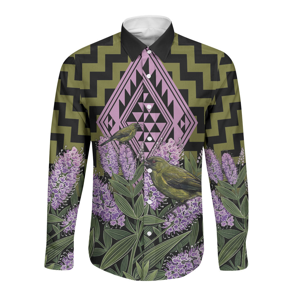 Rongoa Maori New Zealand Koromiko Long Sleeve Button Shirt NZ Hebe Korimako Bellbird Poutama