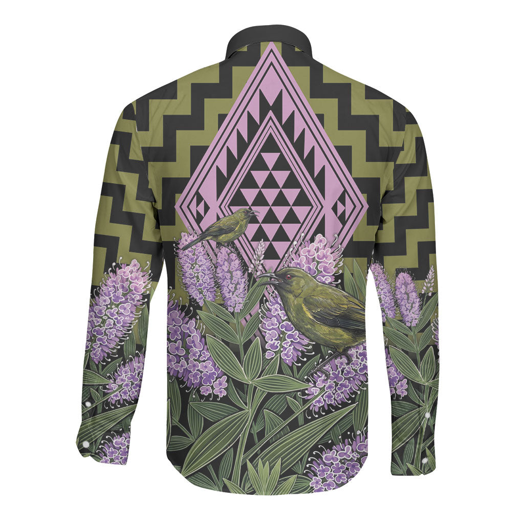 Rongoa Maori New Zealand Koromiko Long Sleeve Button Shirt NZ Hebe Korimako Bellbird Poutama