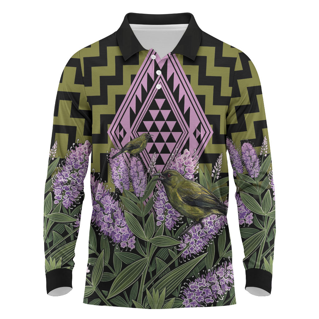 Rongoa Maori New Zealand Koromiko Long Sleeve Polo Shirt NZ Hebe Korimako Bellbird Poutama