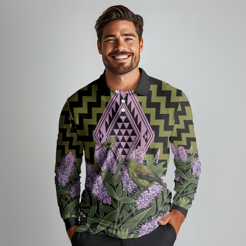 Rongoa Maori New Zealand Koromiko Long Sleeve Polo Shirt NZ Hebe Korimako Bellbird Poutama