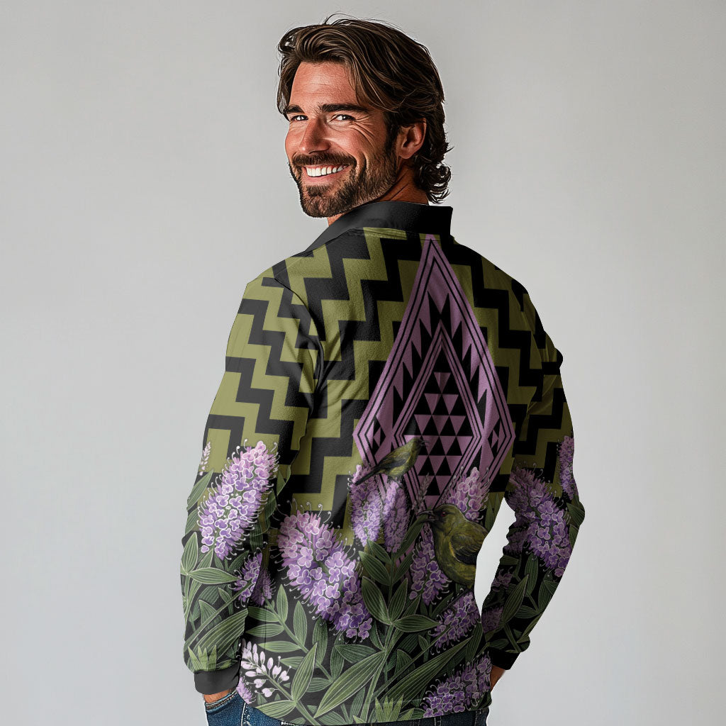 Rongoa Maori New Zealand Koromiko Long Sleeve Polo Shirt NZ Hebe Korimako Bellbird Poutama