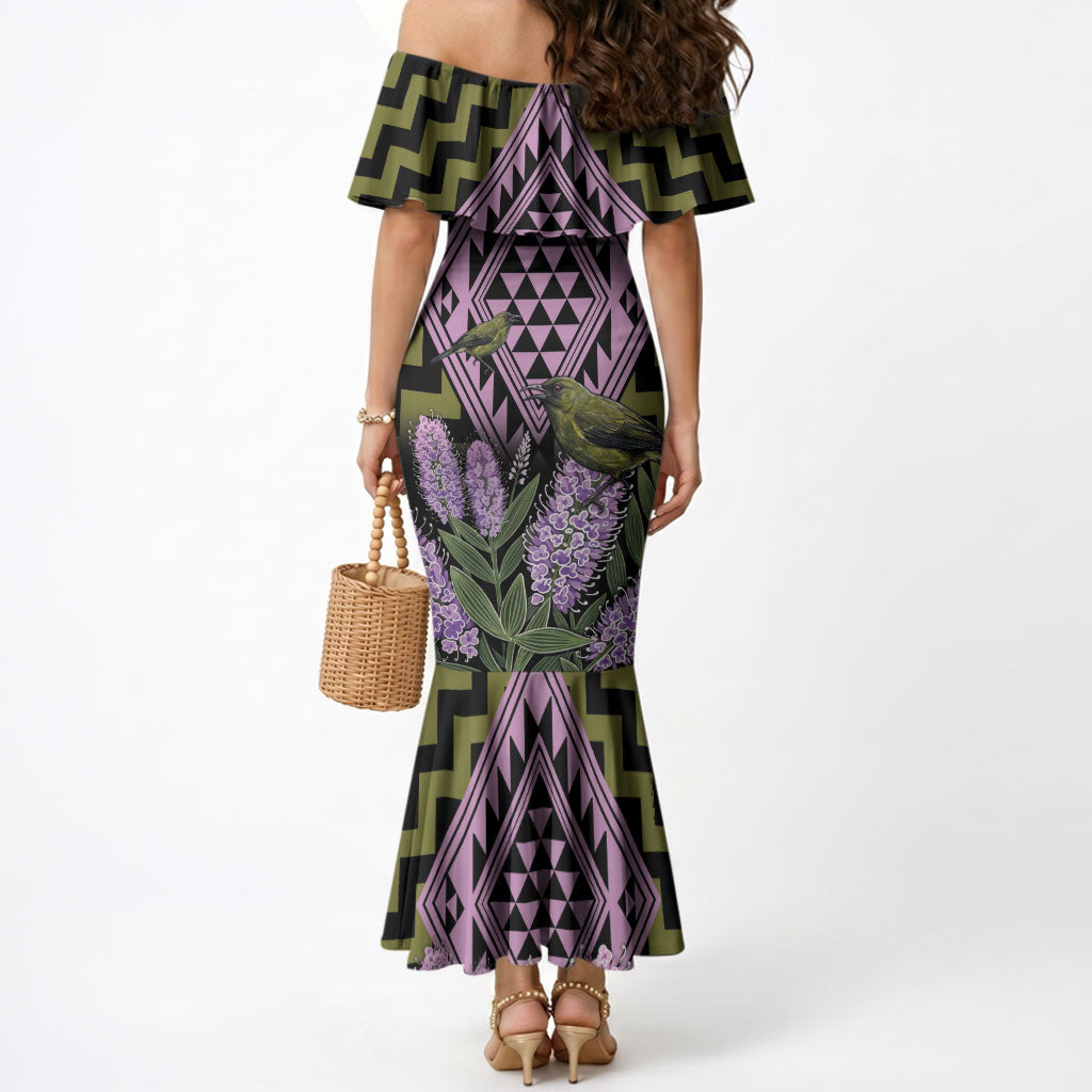 Rongoa Maori New Zealand Koromiko Mermaid Dress NZ Hebe Korimako Bellbird Poutama