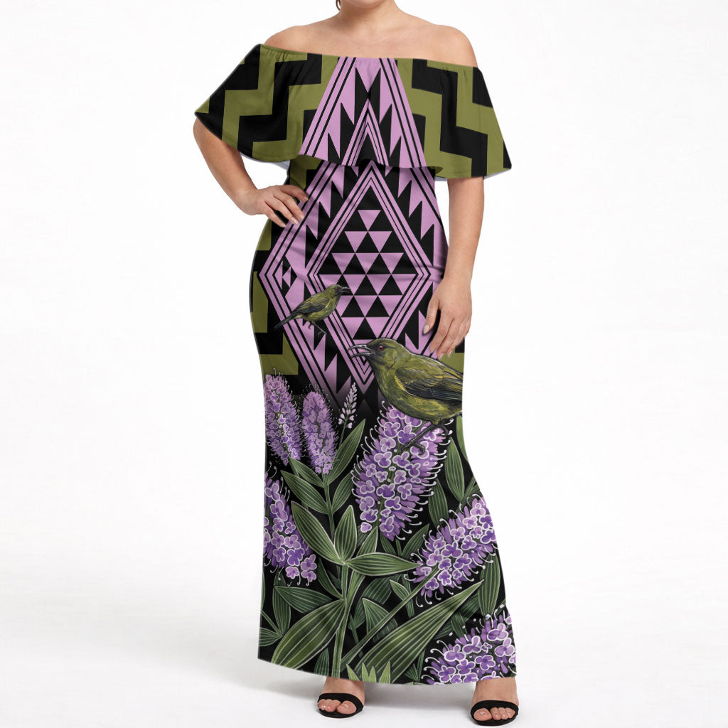 Rongoa Maori New Zealand Koromiko Off Shoulder Maxi Dress NZ Hebe Korimako Bellbird Poutama
