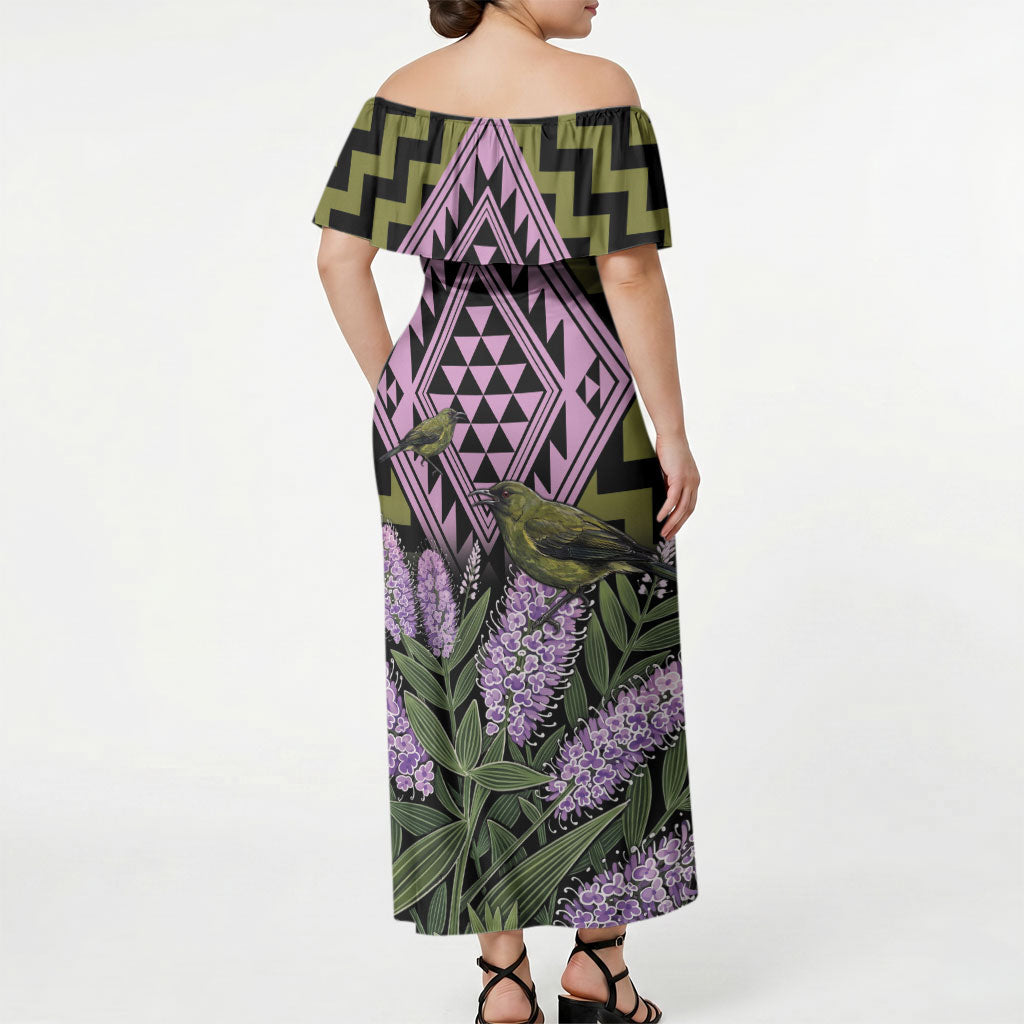 Rongoa Maori New Zealand Koromiko Off Shoulder Maxi Dress NZ Hebe Korimako Bellbird Poutama
