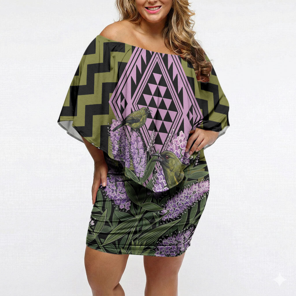 Rongoa Maori New Zealand Koromiko Off Shoulder Short Dress NZ Hebe Korimako Bellbird Poutama