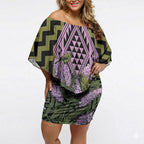 Rongoa Maori New Zealand Koromiko Off Shoulder Short Dress NZ Hebe Korimako Bellbird Poutama