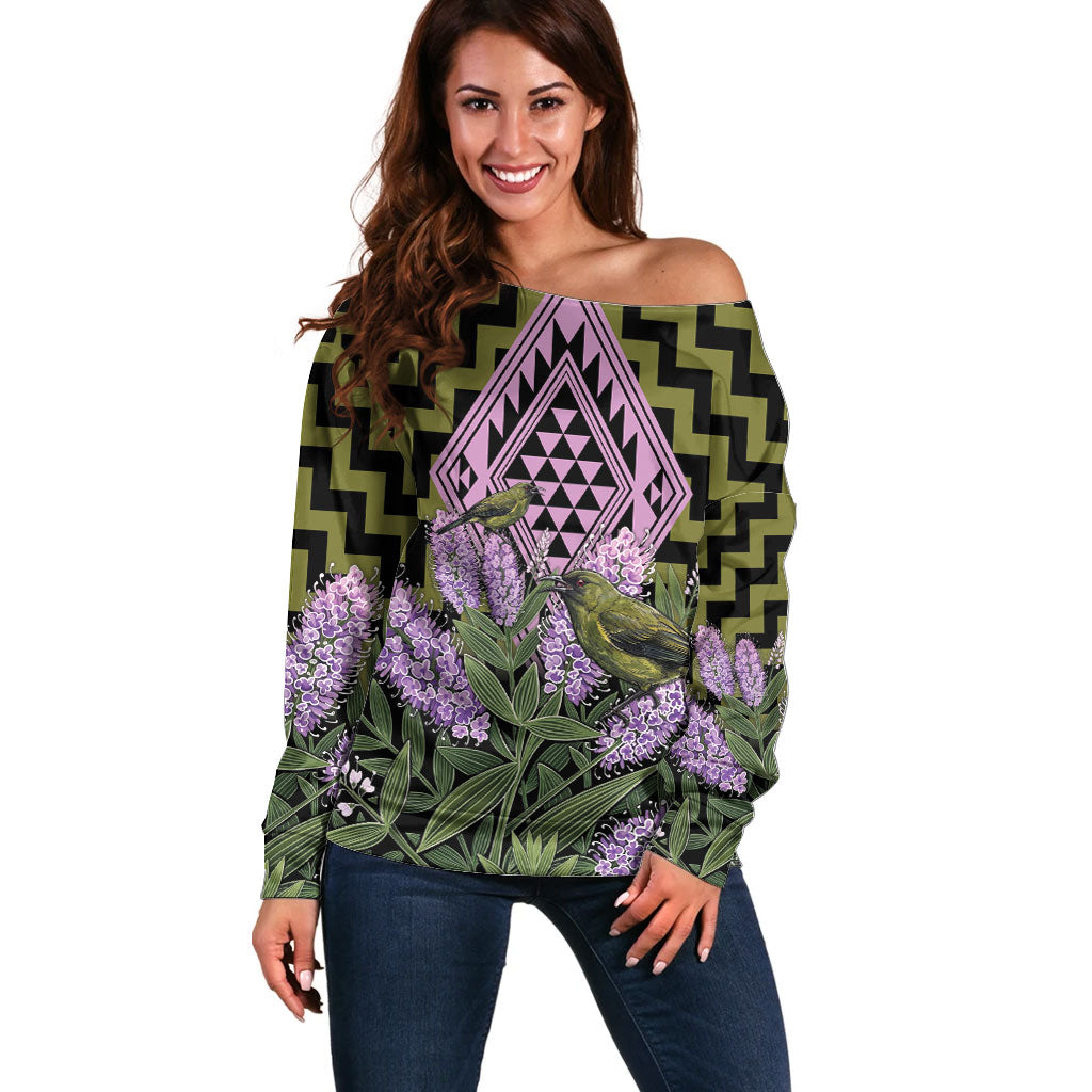 Rongoa Maori New Zealand Koromiko Off Shoulder Sweater NZ Hebe Korimako Bellbird Poutama