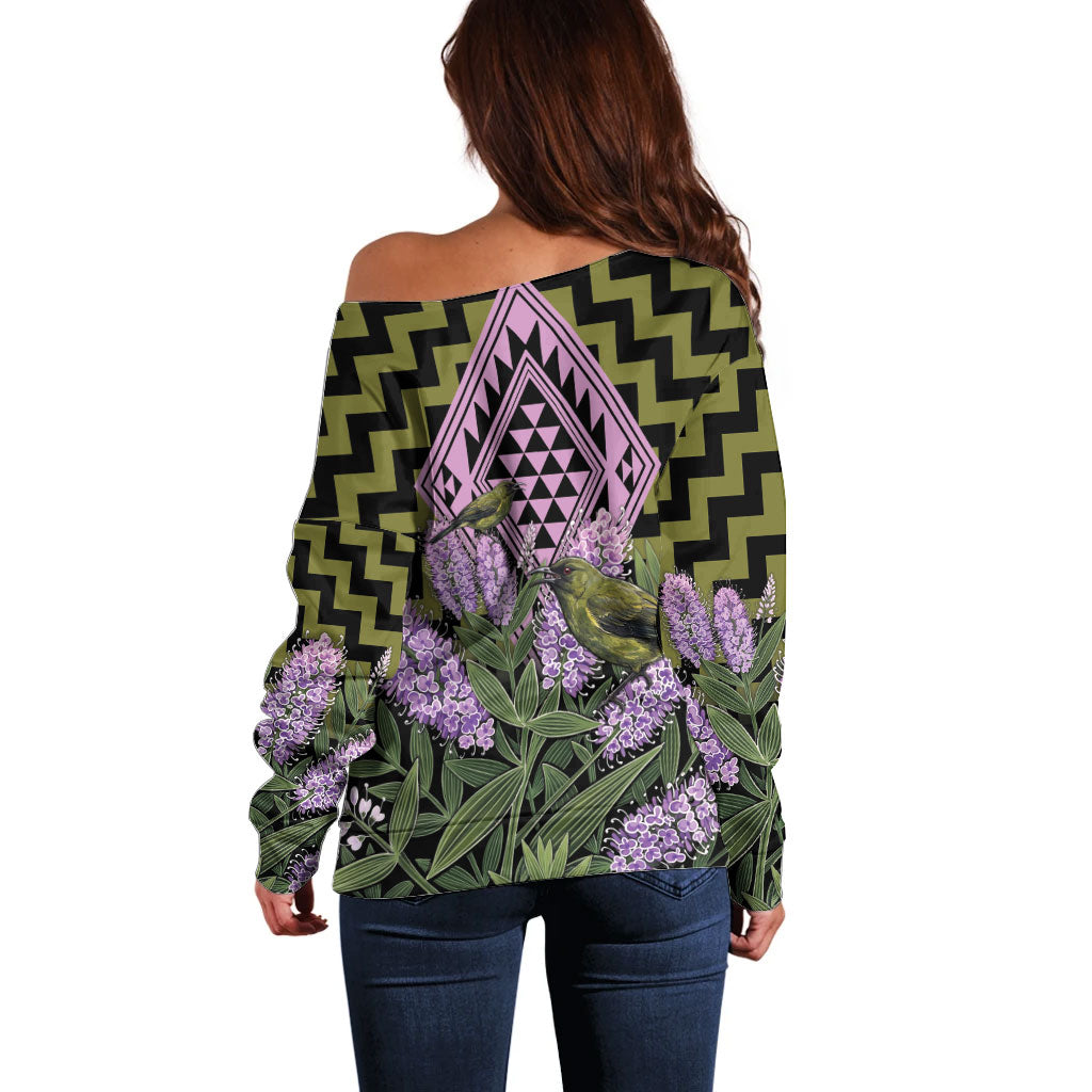 Rongoa Maori New Zealand Koromiko Off Shoulder Sweater NZ Hebe Korimako Bellbird Poutama