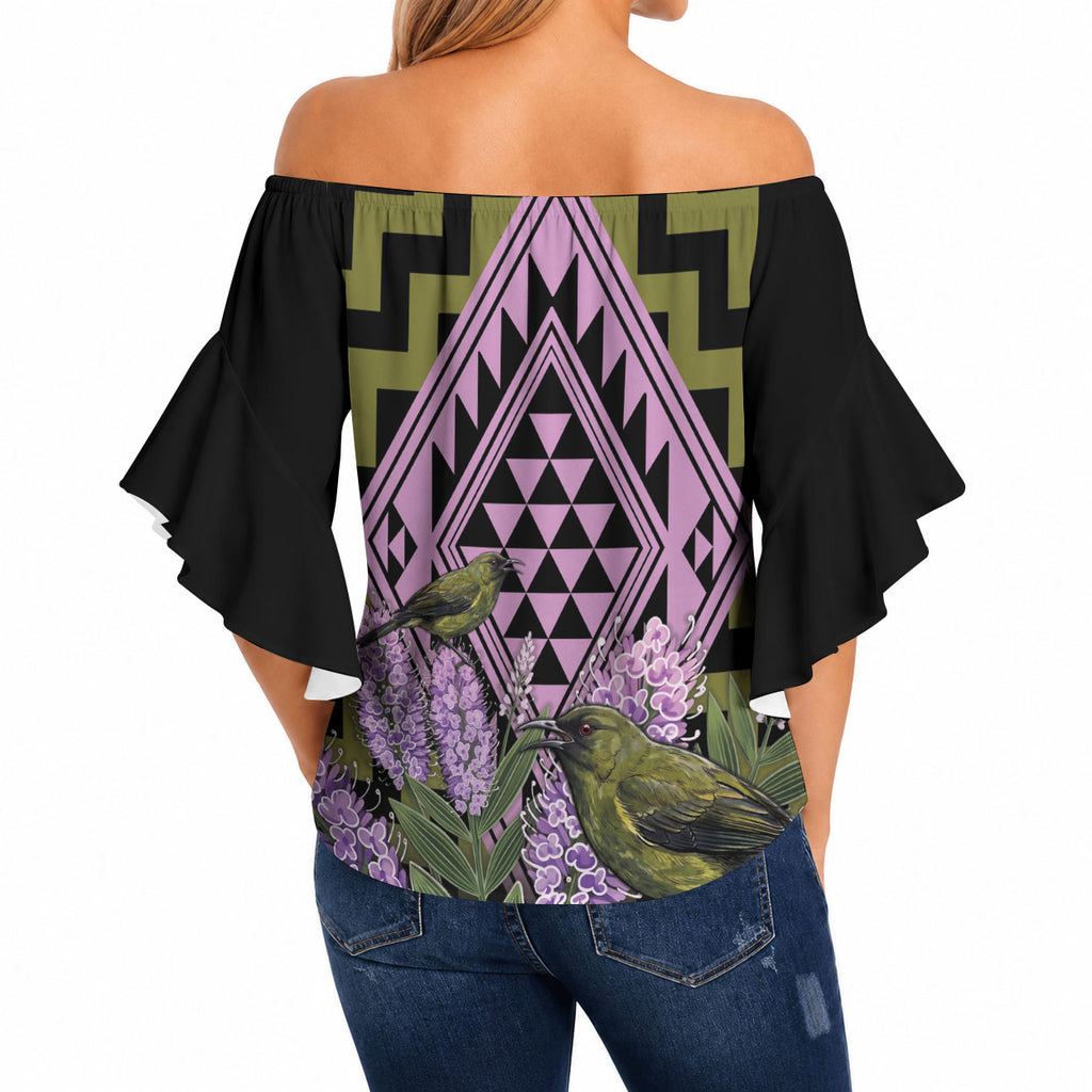 Rongoa Maori New Zealand Koromiko Off Shoulder Wrap Waist Top NZ Hebe Korimako Bellbird Poutama