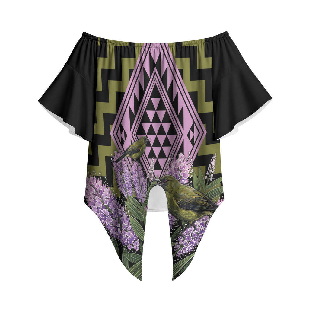 Rongoa Maori New Zealand Koromiko Off Shoulder Wrap Waist Top NZ Hebe Korimako Bellbird Poutama