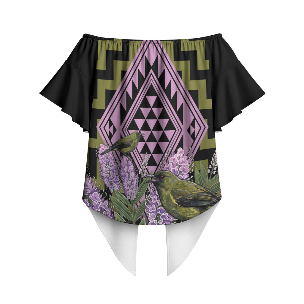 Rongoa Maori New Zealand Koromiko Off Shoulder Wrap Waist Top NZ Hebe Korimako Bellbird Poutama
