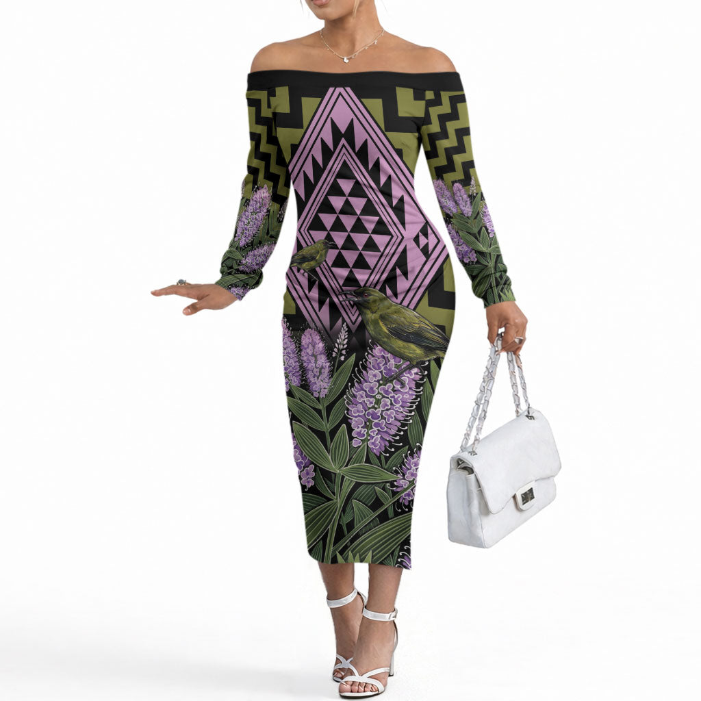 Rongoa Maori New Zealand Koromiko Off The Shoulder Long Sleeve Dress NZ Hebe Korimako Bellbird Poutama