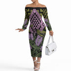 Rongoa Maori New Zealand Koromiko Off The Shoulder Long Sleeve Dress NZ Hebe Korimako Bellbird Poutama