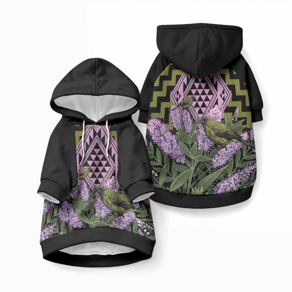 Rongoa Maori New Zealand Koromiko Pet Hoodie NZ Hebe Korimako Bellbird Poutama