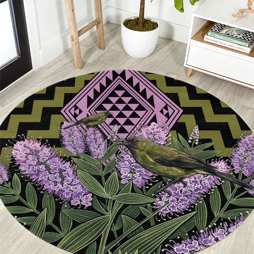 Rongoa Maori New Zealand Koromiko Round Carpet NZ Hebe Korimako Bellbird Poutama