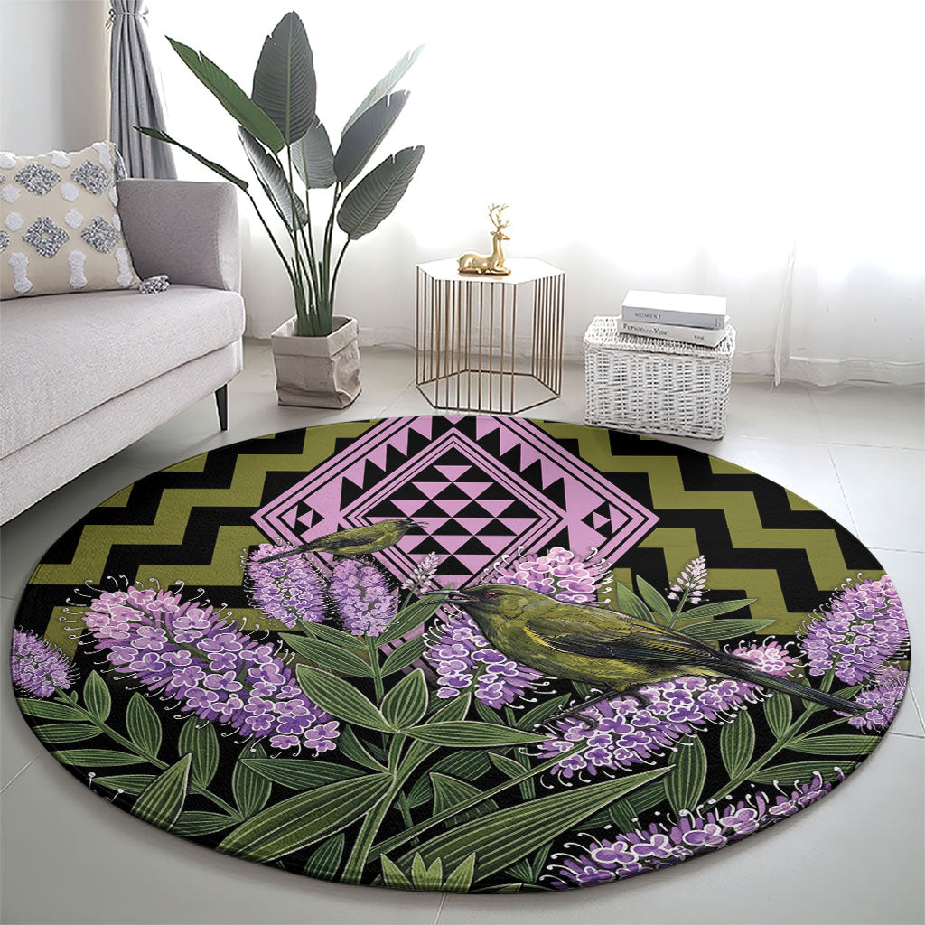 Rongoa Maori New Zealand Koromiko Round Carpet NZ Hebe Korimako Bellbird Poutama