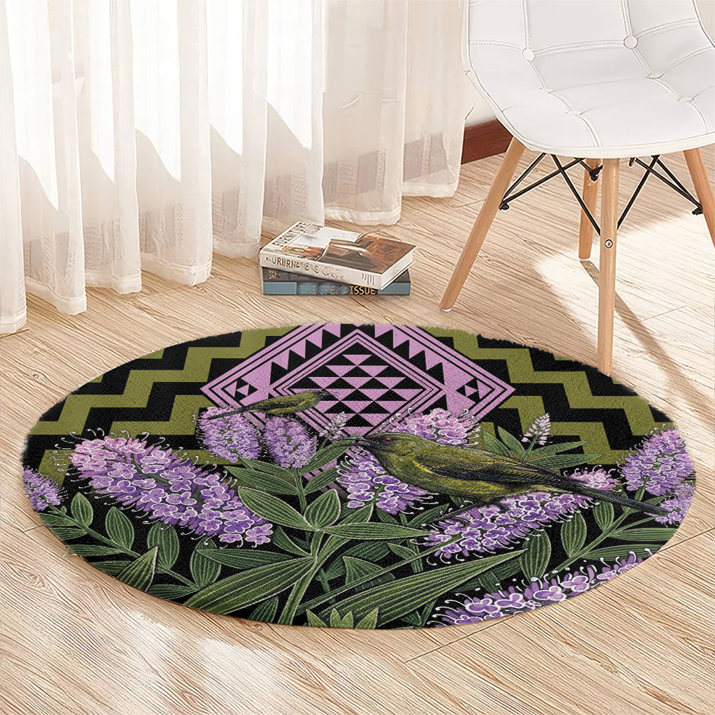 Rongoa Maori New Zealand Koromiko Round Carpet NZ Hebe Korimako Bellbird Poutama