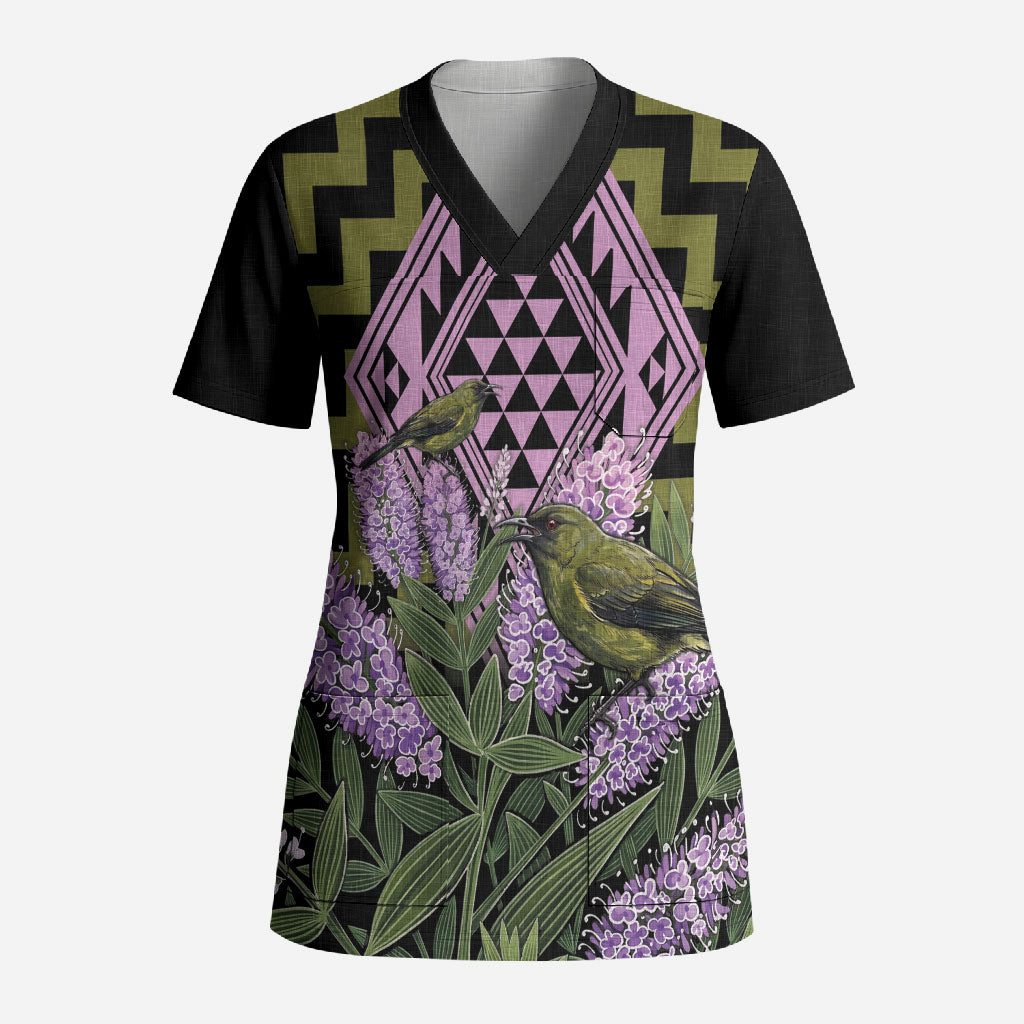 Rongoa Maori New Zealand Koromiko Scrub Top NZ Hebe Korimako Bellbird Poutama