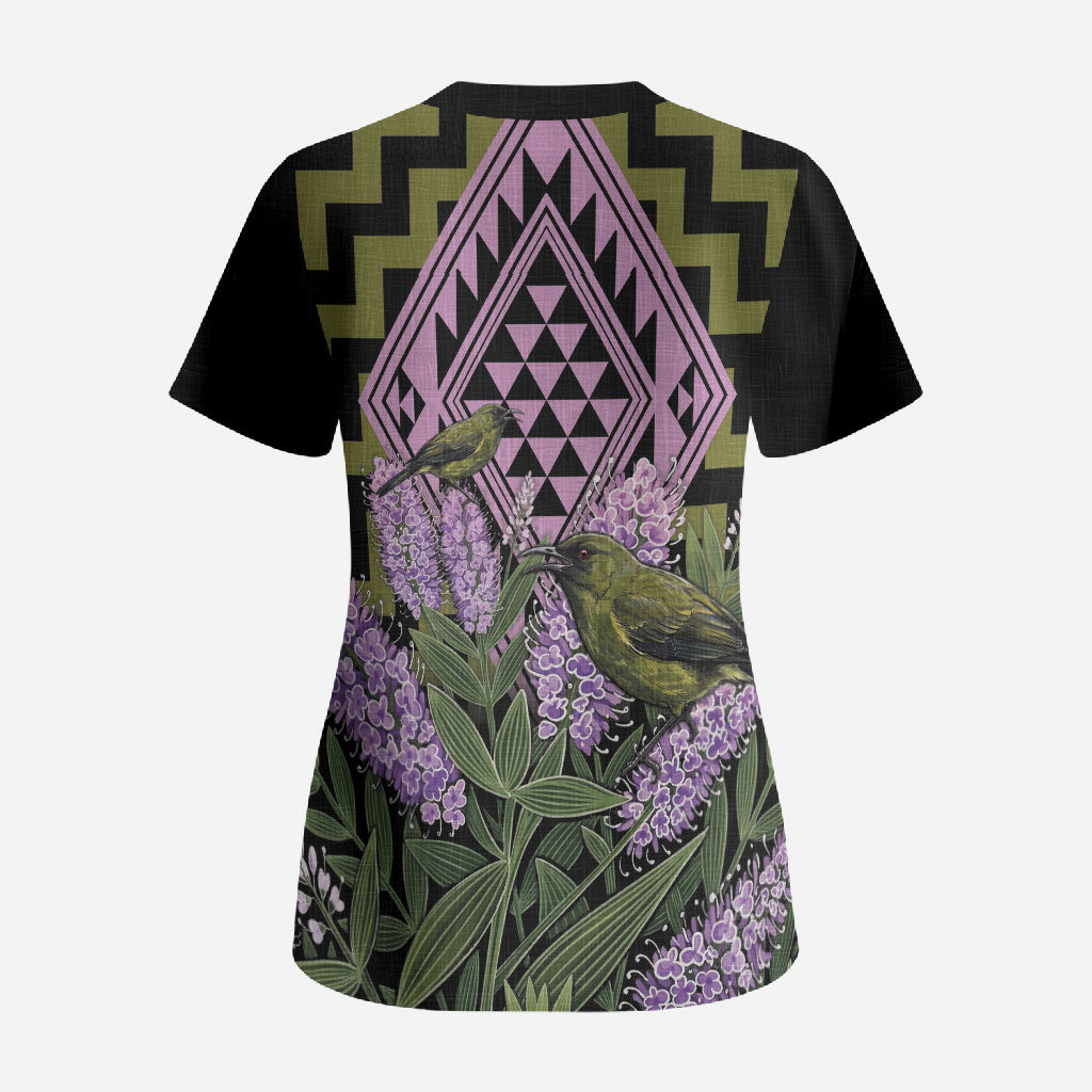 Rongoa Maori New Zealand Koromiko Scrub Top NZ Hebe Korimako Bellbird Poutama