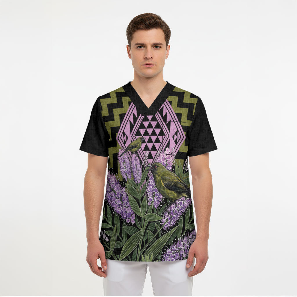 Rongoa Maori New Zealand Koromiko Scrub Top NZ Hebe Korimako Bellbird Poutama