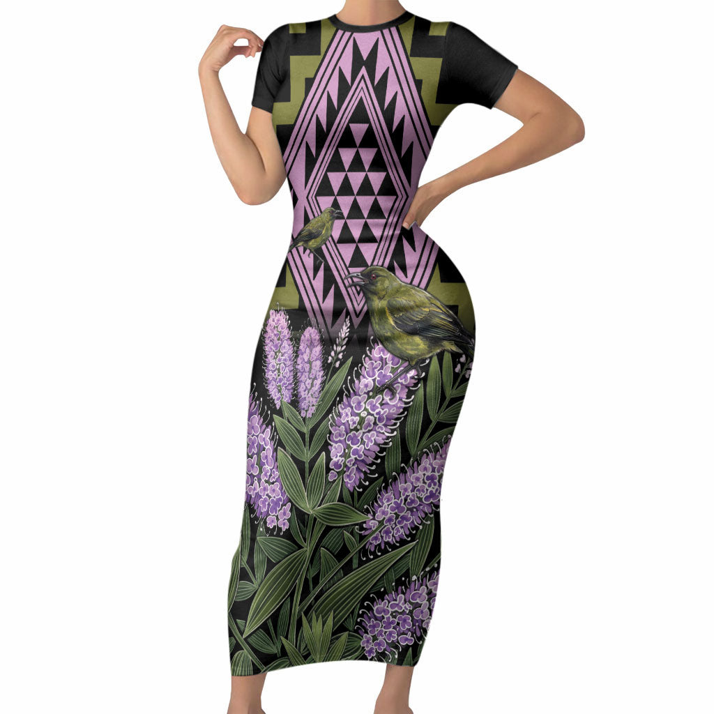 Rongoa Maori New Zealand Koromiko Short Sleeve Bodycon Dress NZ Hebe Korimako Bellbird Poutama