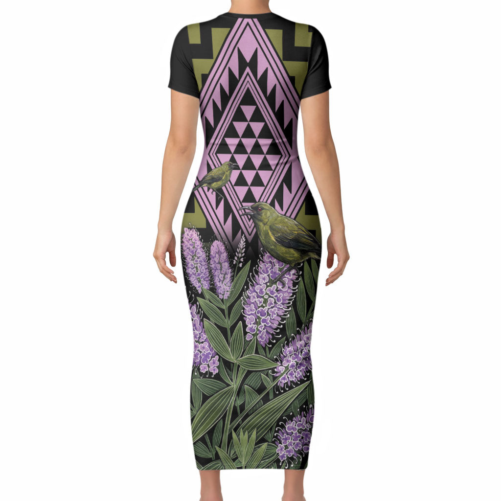 Rongoa Maori New Zealand Koromiko Short Sleeve Bodycon Dress NZ Hebe Korimako Bellbird Poutama
