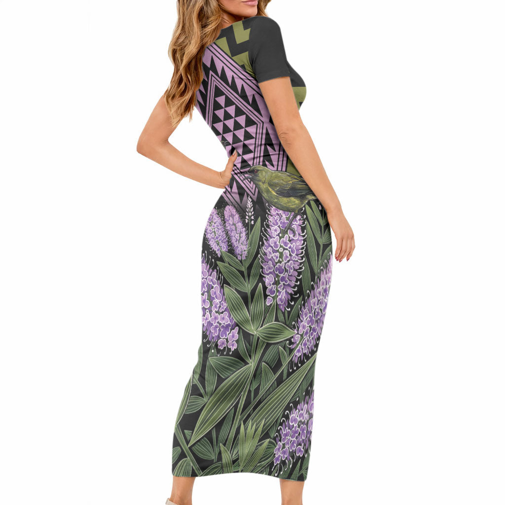 Rongoa Maori New Zealand Koromiko Short Sleeve Bodycon Dress NZ Hebe Korimako Bellbird Poutama