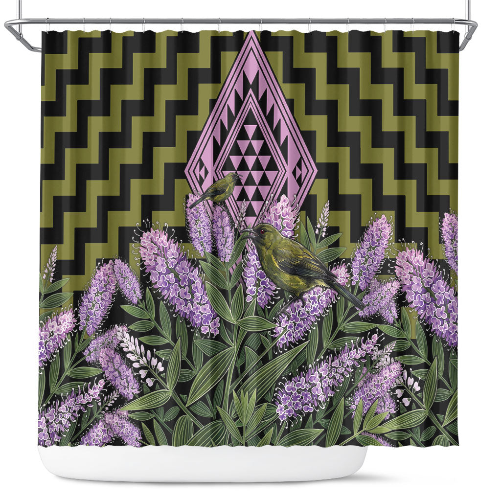 Rongoa Maori New Zealand Koromiko Shower Curtain NZ Hebe Korimako Bellbird Poutama