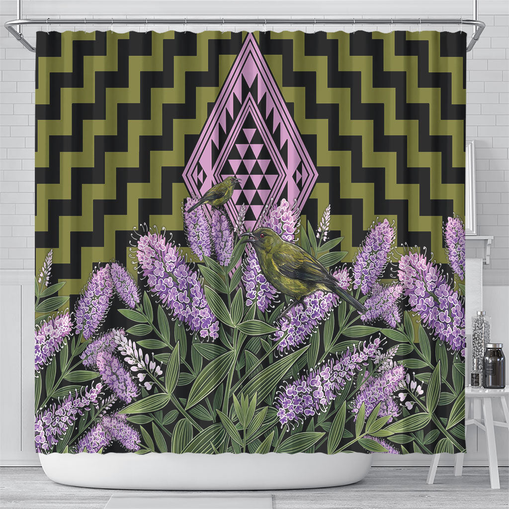 Rongoa Maori New Zealand Koromiko Shower Curtain NZ Hebe Korimako Bellbird Poutama