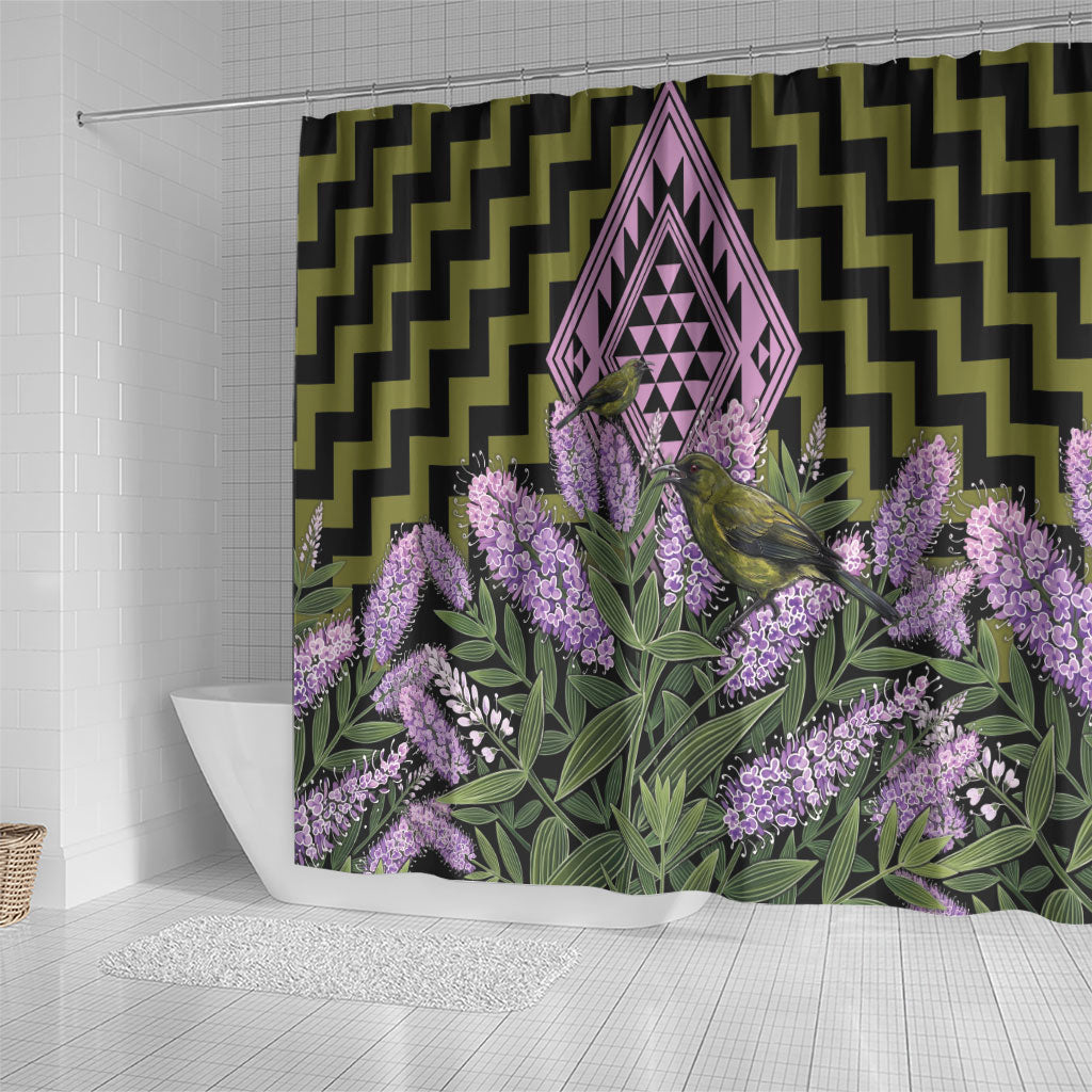 Rongoa Maori New Zealand Koromiko Shower Curtain NZ Hebe Korimako Bellbird Poutama
