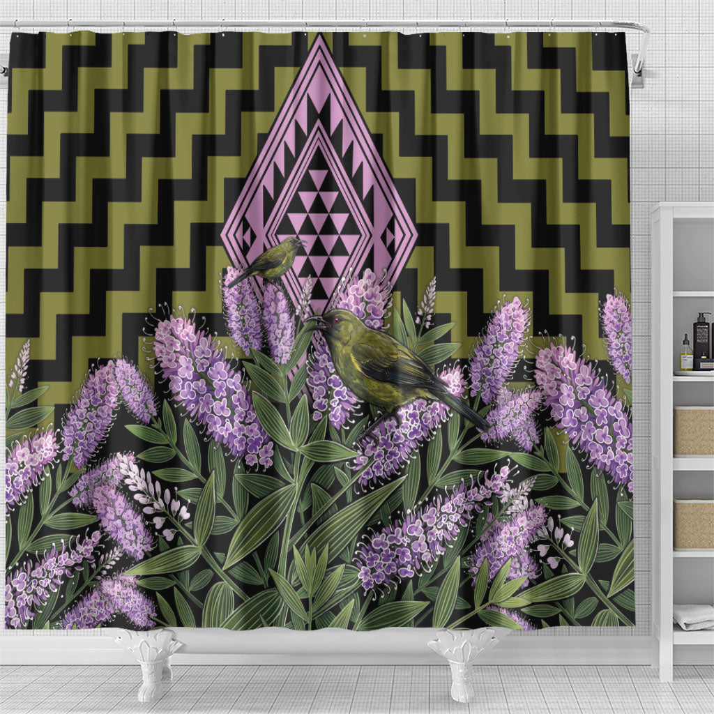 Rongoa Maori New Zealand Koromiko Shower Curtain NZ Hebe Korimako Bellbird Poutama